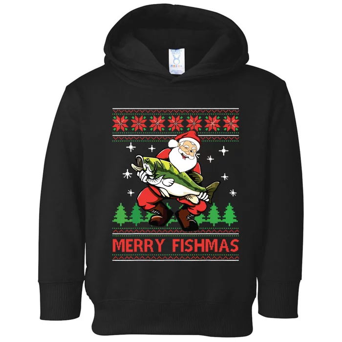 Merry Fishmas Santa Fishing Ugly Christmas Sweater Style Toddler Hoodie