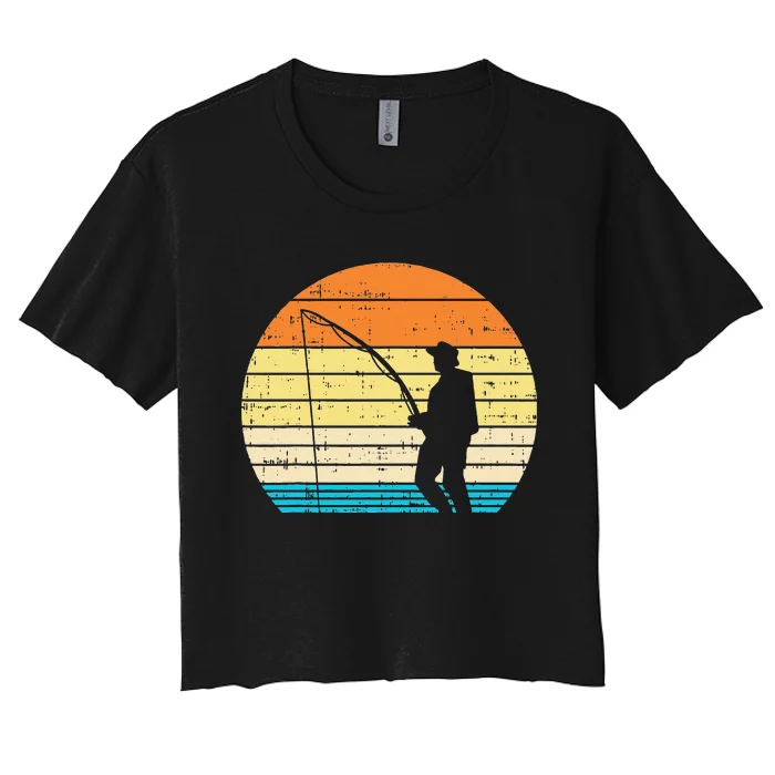 Man Fishing Sunset Retro Angling Fisherman Angler Gift Women's Crop Top Tee