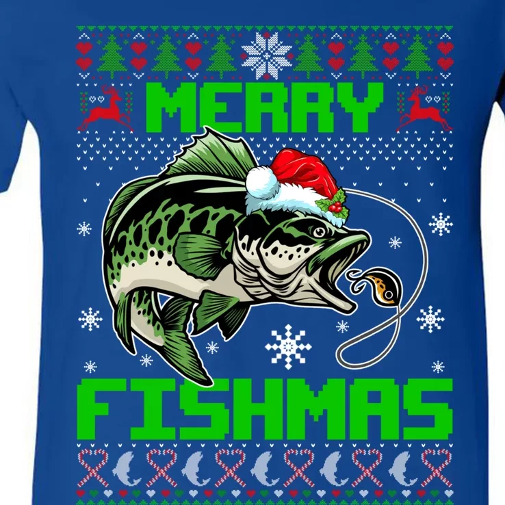 Merry Fishmas Santa Bass Fish Christmas Fishing Ugly Sweater Meaningful Gift V-Neck T-Shirt