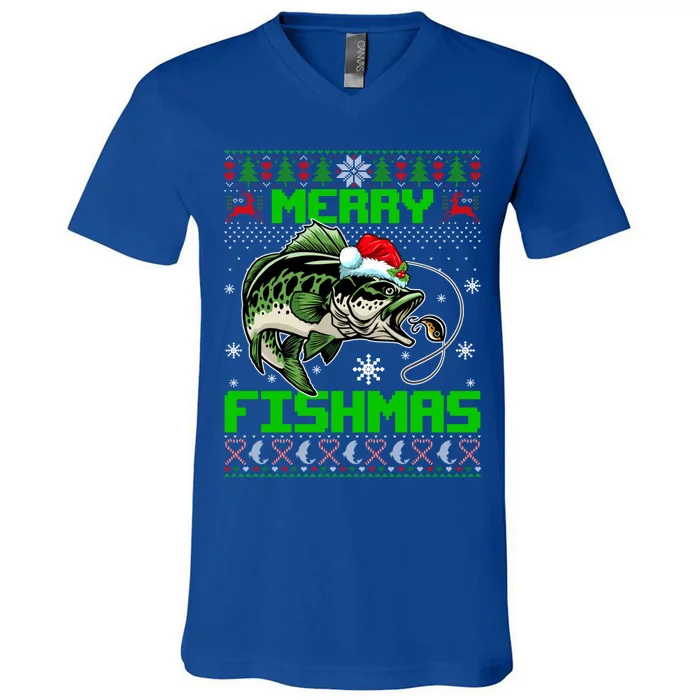 Merry Fishmas Santa Bass Fish Christmas Fishing Ugly Sweater Meaningful Gift V-Neck T-Shirt