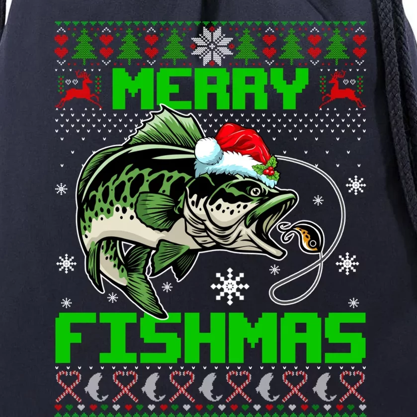 Merry Fishmas Santa Bass Fish Christmas Fishing Ugly Sweater Meaningful Gift Drawstring Bag