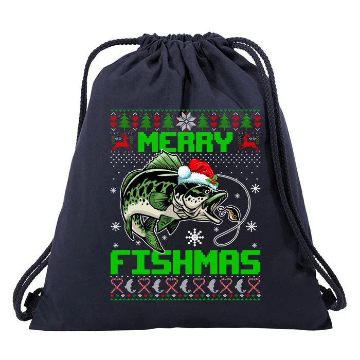 Merry Fishmas Santa Bass Fish Christmas Fishing Ugly Sweater Meaningful Gift Drawstring Bag