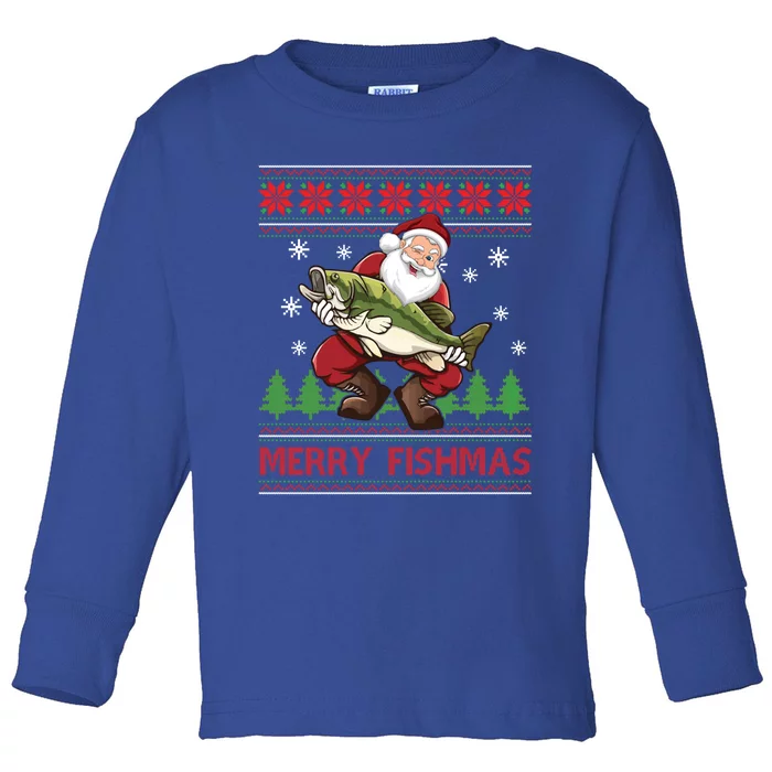 Merry Fishmas Santa Fishing Ugly Christmas Sweater Style Gift Toddler Long Sleeve Shirt