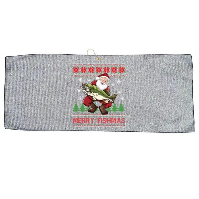 Merry Fishmas Santa Fishing Ugly Christmas Sweater Style Gift Large Microfiber Waffle Golf Towel