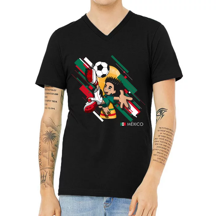 Mexico Football Soccer Playing Soccer Goal Dabbing V-Neck T-Shirt