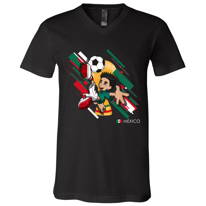 Mexico Football Soccer Playing Soccer Goal Dabbing V-Neck T-Shirt