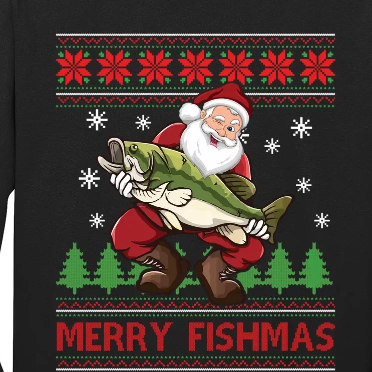 Merry Fishmas Santa Fishing Ugly Christmas Sweater Style Long Sleeve Long Sleeve Shirt