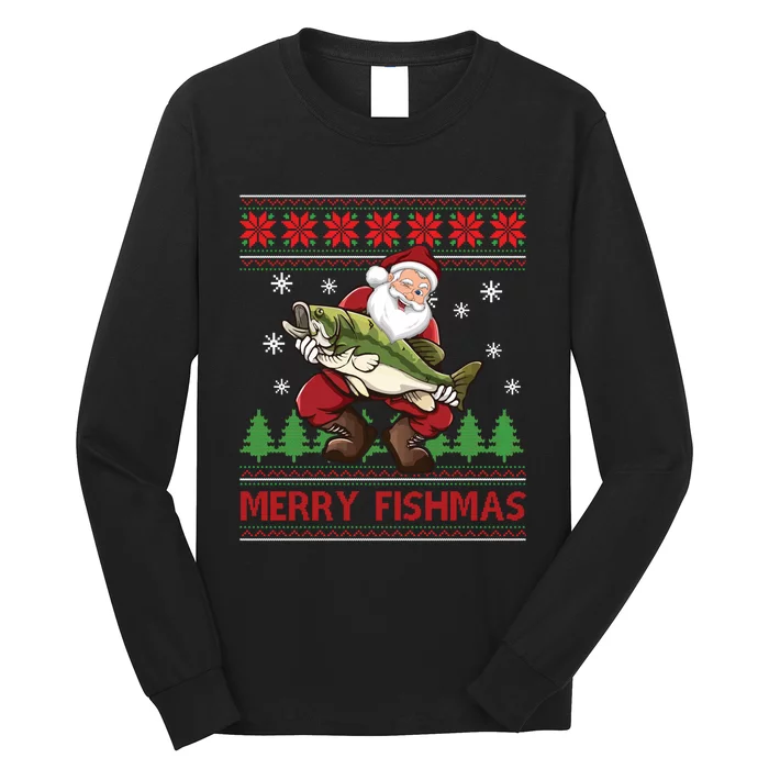 Merry Fishmas Santa Fishing Ugly Christmas Sweater Style Long Sleeve Long Sleeve Shirt