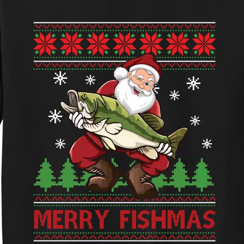 Merry Fishmas Santa Fishing Ugly Christmas Sweater Style Long Sleeve Sweatshirt