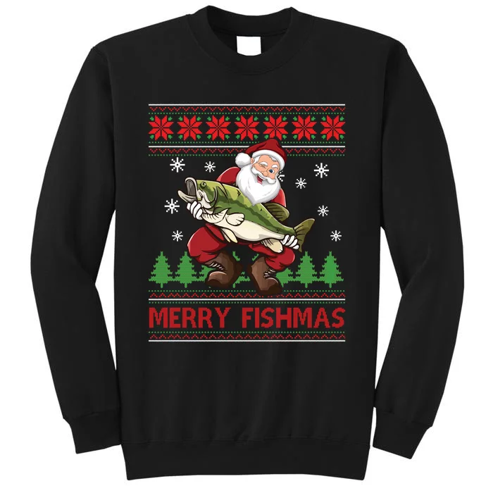 Merry Fishmas Santa Fishing Ugly Christmas Sweater Style Long Sleeve Sweatshirt