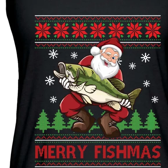 Merry Fishmas Santa Fishing Ugly Christmas Sweater Style Long Sleeve Ladies Essential Flowy Tank