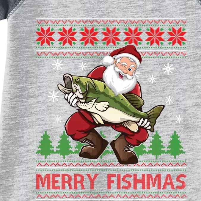 Merry Fishmas Santa Fishing Ugly Christmas Sweater Style Long Sleeve Infant Baby Jersey Bodysuit