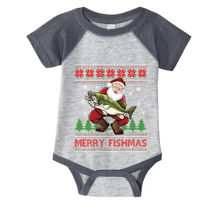 Merry Fishmas Santa Fishing Ugly Christmas Sweater Style Long Sleeve Infant Baby Jersey Bodysuit