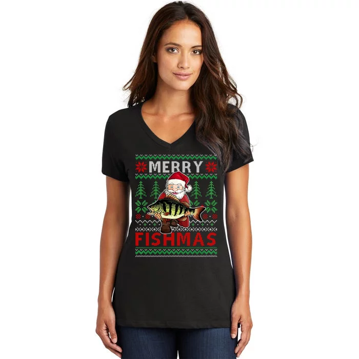 Merry Fishmas Santa Fishing Fishers Ugly Christmas Sweater Women's V-Neck T-Shirt