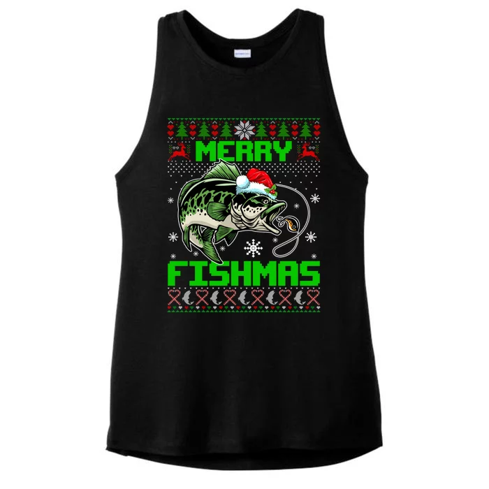 Merry Fishmas Santa Bass Fish Christmas Fishing Ugly Sweater Meaningful Gift Ladies Tri-Blend Wicking Tank