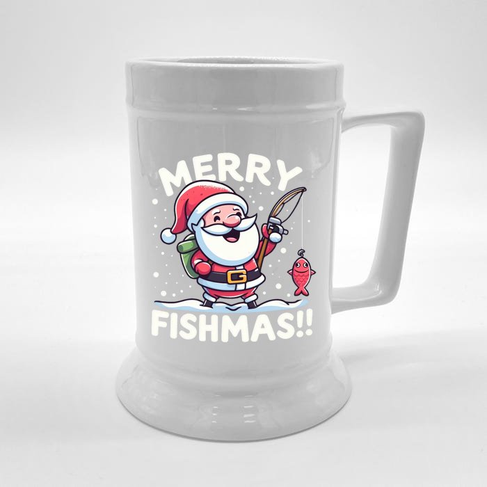 Merry Fishmas SantaS Christmas Camping And Fishing Frenzy Gift Front & Back Beer Stein