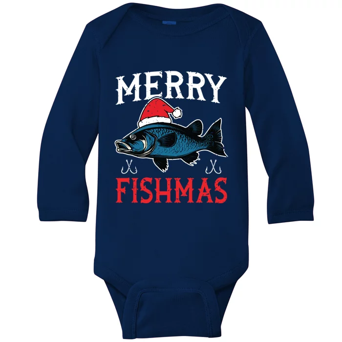 Merry Fishmas Sweater Santa Claus Fishing Christmas Blue Gift Baby Long Sleeve Bodysuit