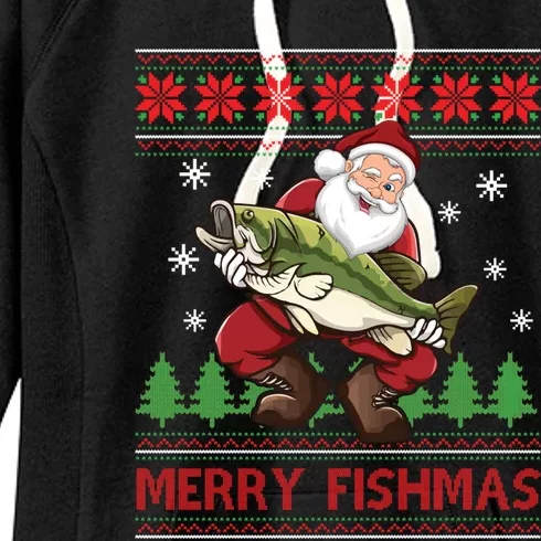 Merry Fishmas Santa Fishing Ugly Christmas Sweater Style Gift Women's Fleece Hoodie