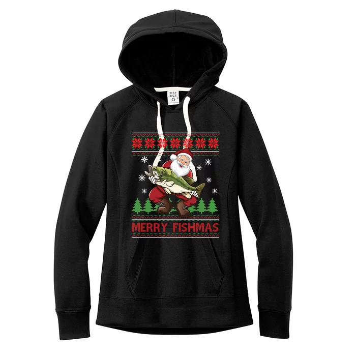 Merry Fishmas Santa Fishing Ugly Christmas Sweater Style Gift Women's Fleece Hoodie