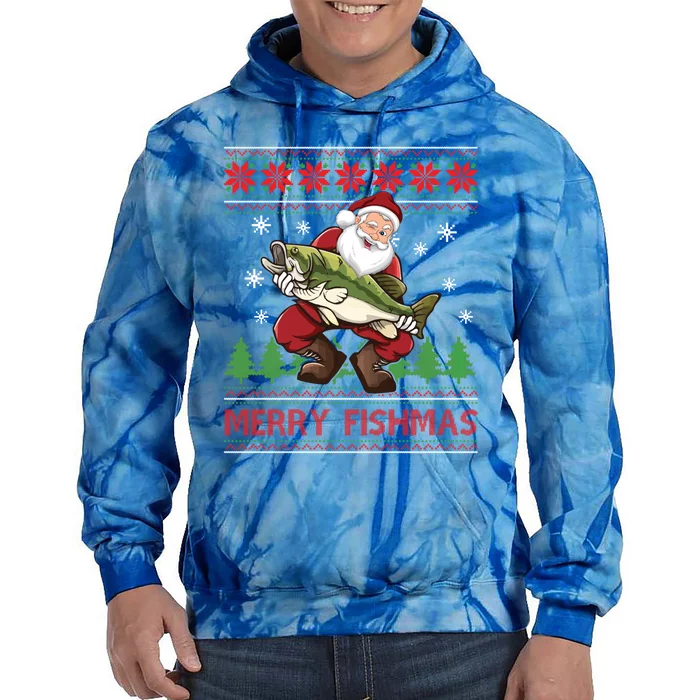 Merry Fishmas Santa Fishing Ugly Christmas Sweater Style Gift Tie Dye Hoodie