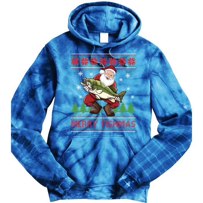 Merry Fishmas Santa Fishing Ugly Christmas Sweater Style Gift Tie Dye Hoodie