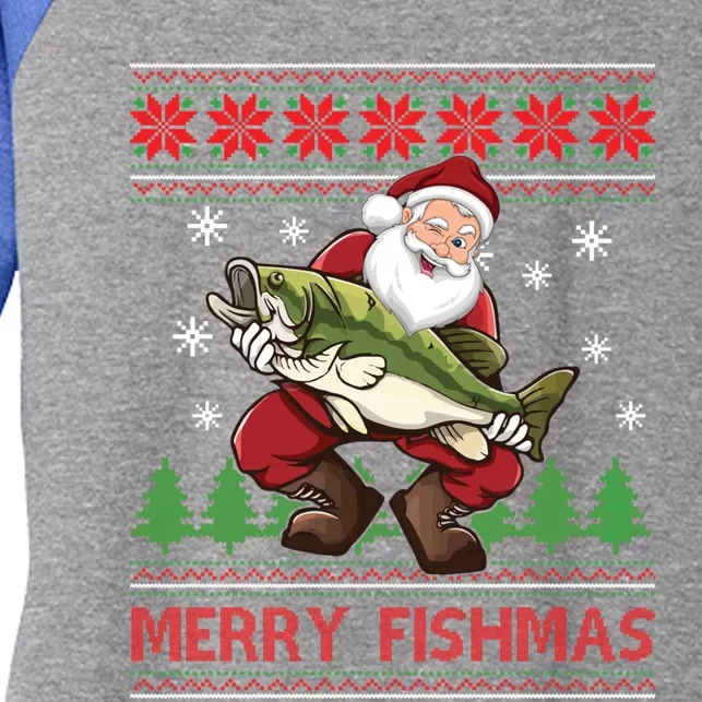 Merry Fishmas Santa Fishing Ugly Christmas Sweater Style Gift Women's Tri-Blend 3/4-Sleeve Raglan Shirt