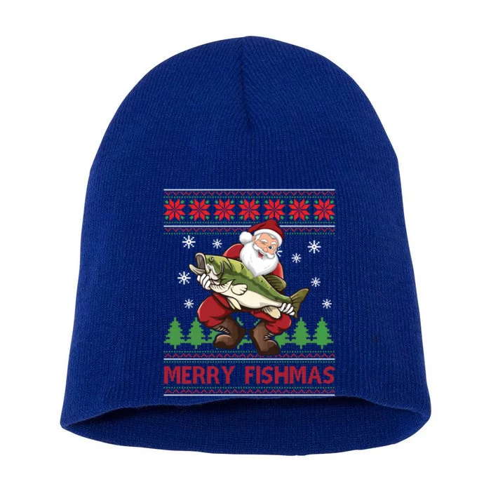 Merry Fishmas Santa Fishing Ugly Christmas Sweater Style Gift Short Acrylic Beanie