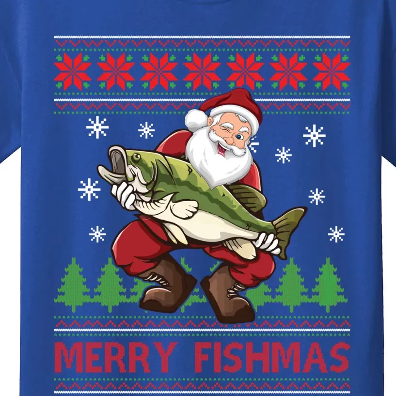 Merry Fishmas Santa Fishing Ugly Christmas Sweater Style Gift Kids T-Shirt