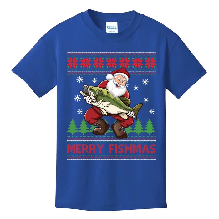 Merry Fishmas Santa Fishing Ugly Christmas Sweater Style Gift Kids T-Shirt