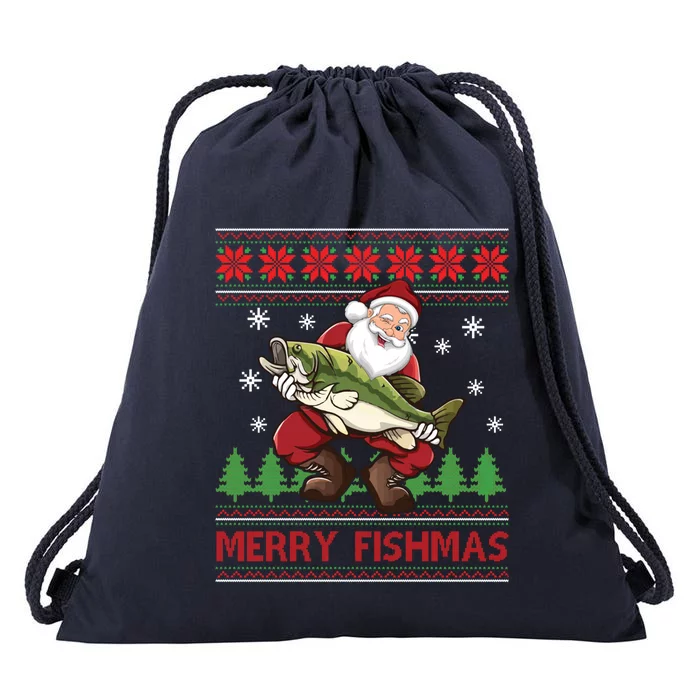 Merry Fishmas Santa Fishing Ugly Christmas Sweater Style Gift Drawstring Bag