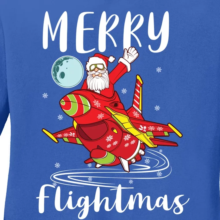 Merry Flightmas Santa Claus Pilot Flying Airplane Aviation Gift Ladies Long Sleeve Shirt