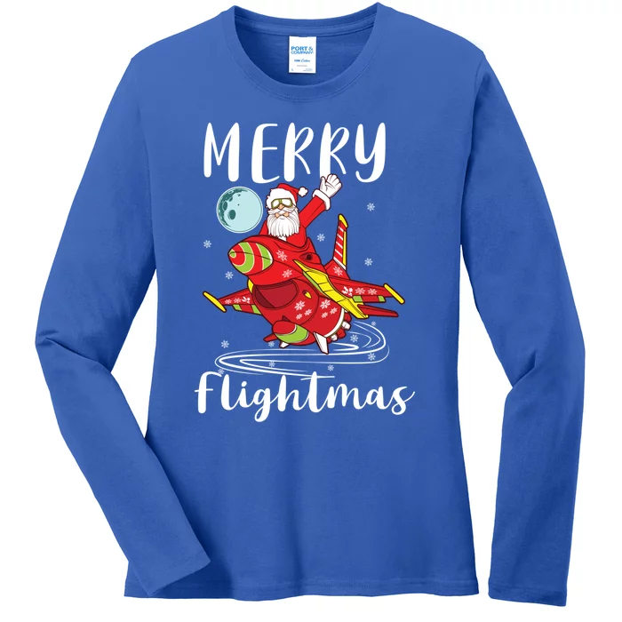 Merry Flightmas Santa Claus Pilot Flying Airplane Aviation Gift Ladies Long Sleeve Shirt