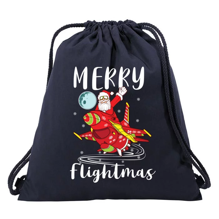 Merry Flightmas Santa Claus Pilot Flying Airplane Aviation Cool Gift Drawstring Bag