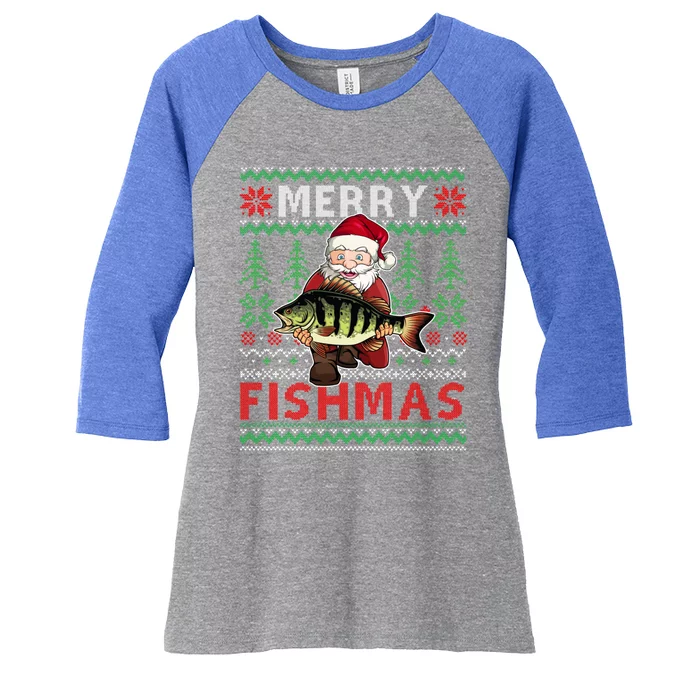 Merry Fishmas Santa Fishing Fishers Ugly Christmas Sweater Gift Women's Tri-Blend 3/4-Sleeve Raglan Shirt