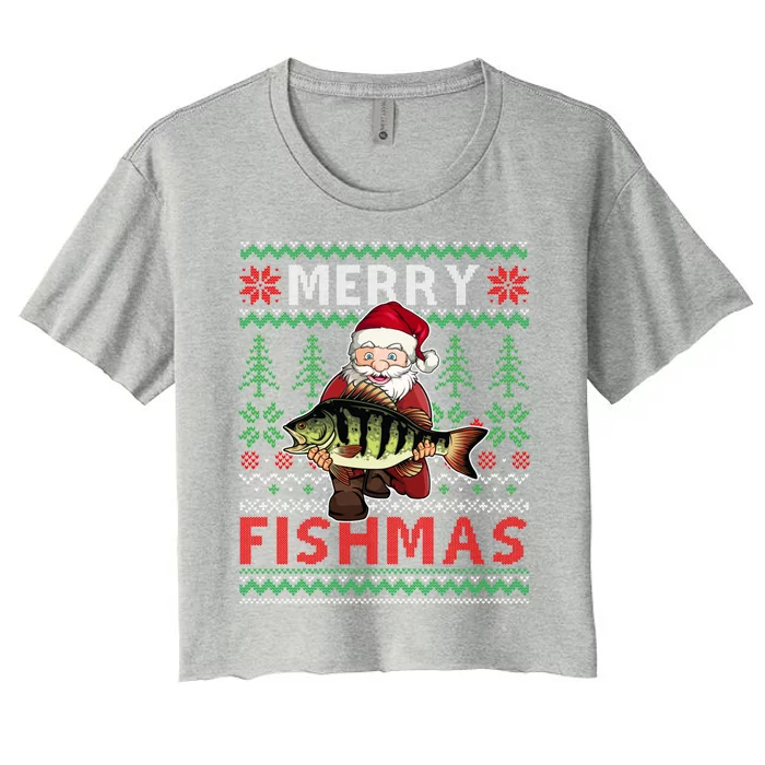 Merry Fishmas Santa Fishing Fishers Ugly Christmas Sweater Gift Women's Crop Top Tee