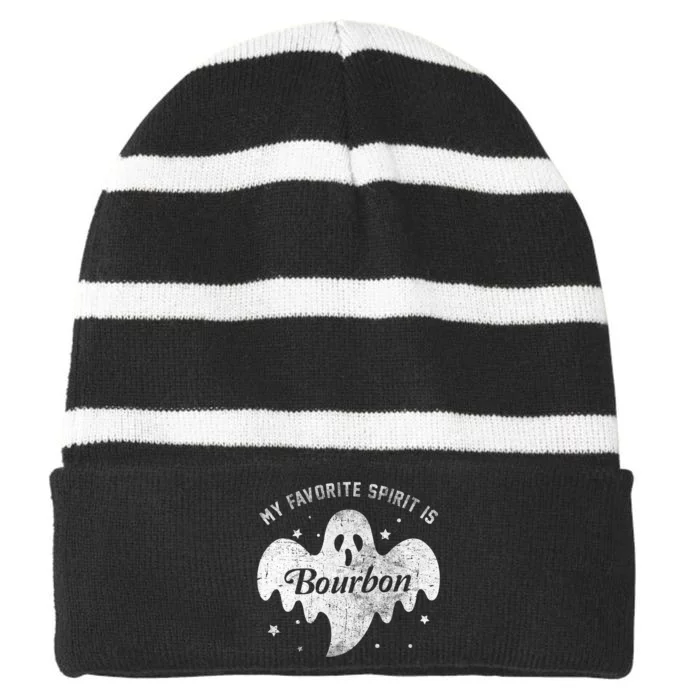 My Favorite Spirit Is Bourbon Funny Boo Ghost Halloween Striped Beanie with Solid Band