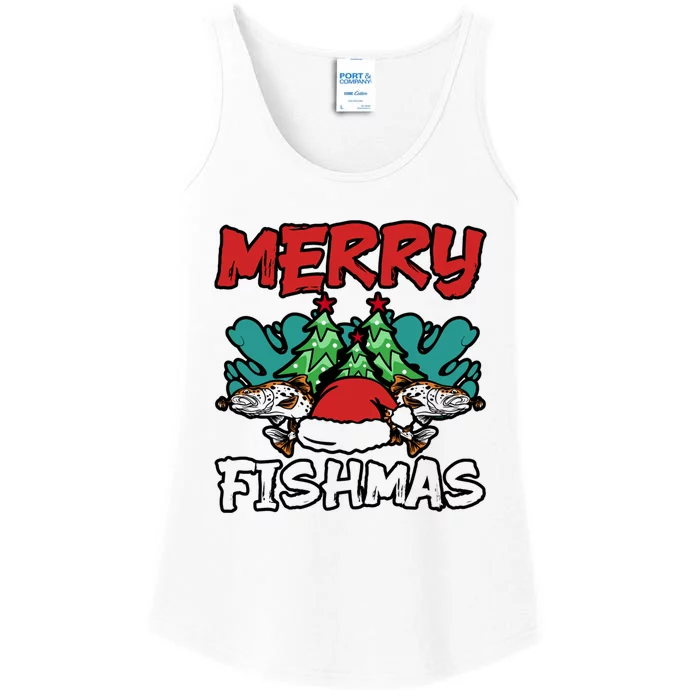 Merry Fishmas Santa Claus Fishing Matching Christmas Costume Ladies Essential Tank