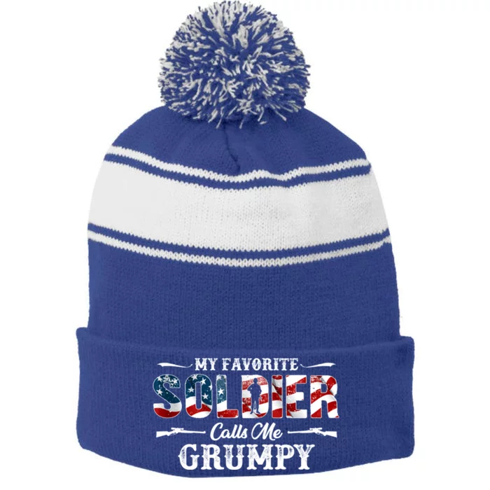 My Favorite Soldier Calls Me Grumpy Gift Fathers Day Gift Stripe Pom Pom Beanie