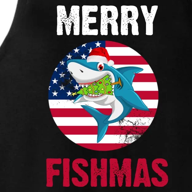 Merry Fishmas Shark America Christmas Ladies Tri-Blend Wicking Tank