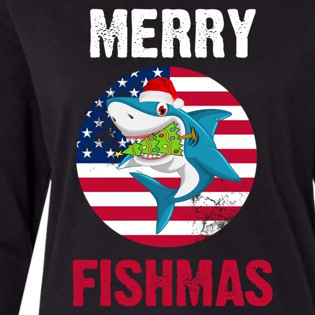 Merry Fishmas Shark America Christmas Womens Cotton Relaxed Long Sleeve T-Shirt