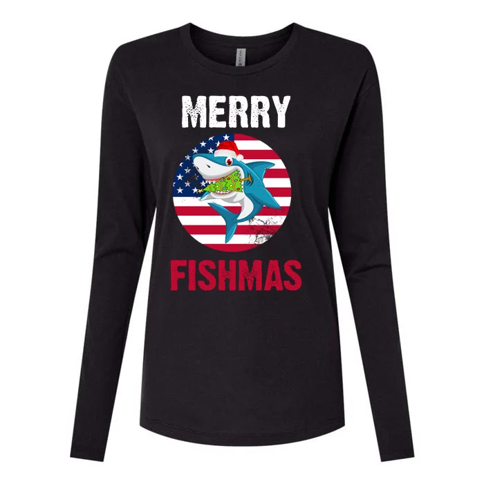 Merry Fishmas Shark America Christmas Womens Cotton Relaxed Long Sleeve T-Shirt