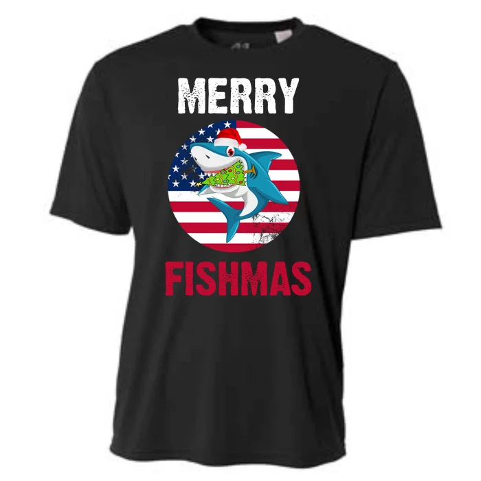 Merry Fishmas Shark America Christmas Cooling Performance Crew T-Shirt