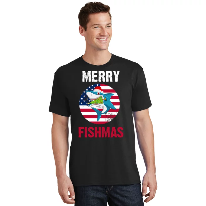 Merry Fishmas Shark America Christmas T-Shirt