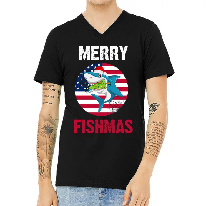 Merry Fishmas Shark America Christmas V-Neck T-Shirt