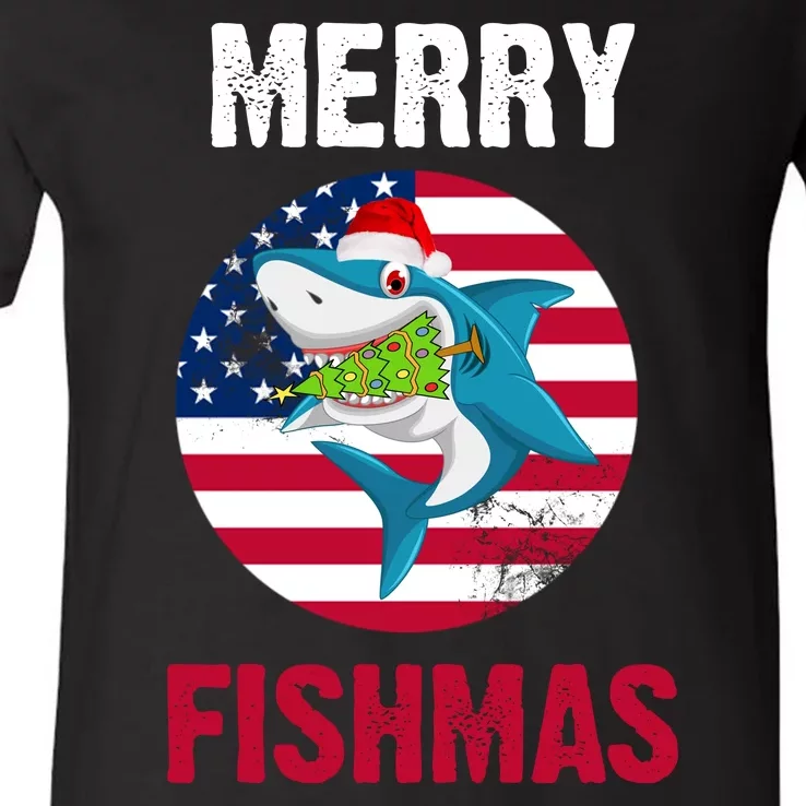 Merry Fishmas Shark America Christmas V-Neck T-Shirt