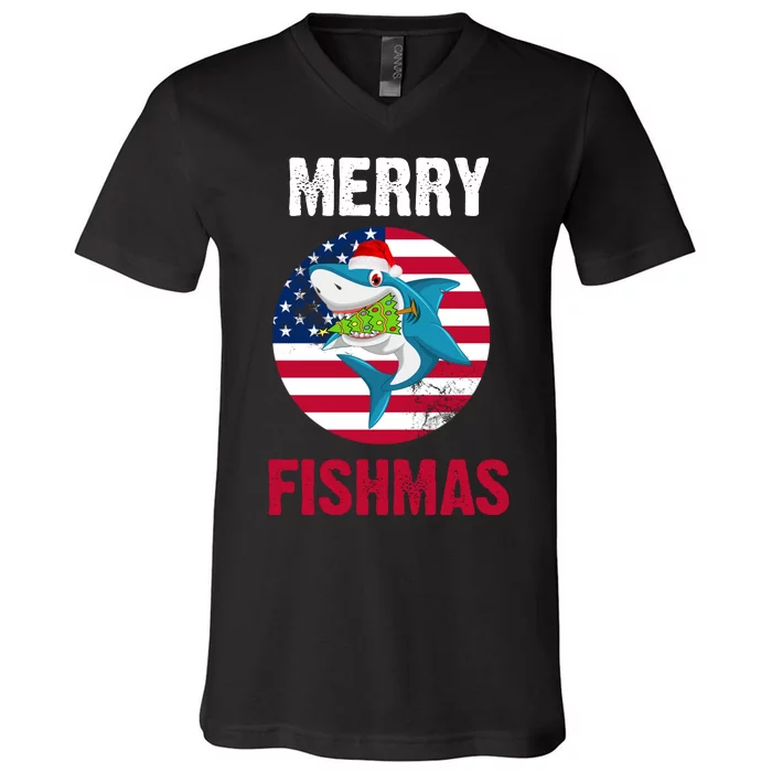 Merry Fishmas Shark America Christmas V-Neck T-Shirt