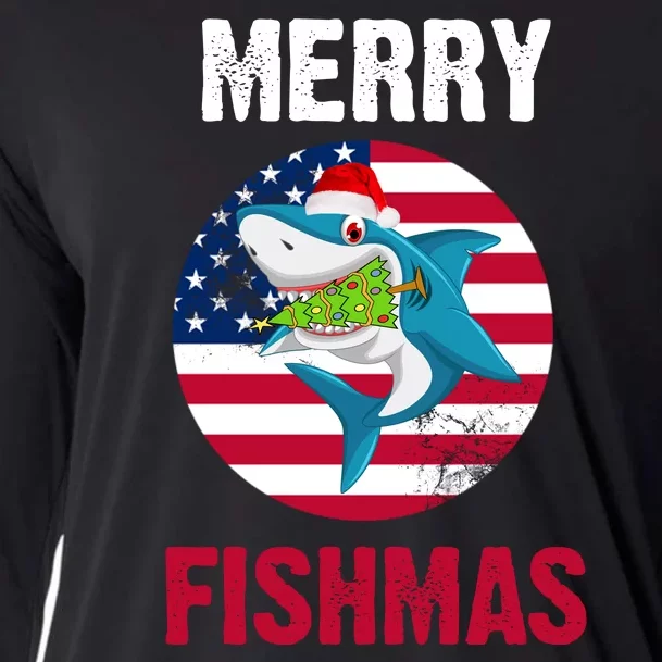 Merry Fishmas Shark America Christmas Cooling Performance Long Sleeve Crew