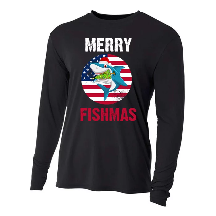 Merry Fishmas Shark America Christmas Cooling Performance Long Sleeve Crew