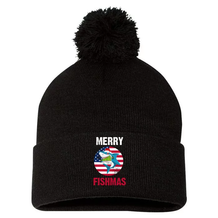 Merry Fishmas Shark America Christmas Pom Pom 12in Knit Beanie