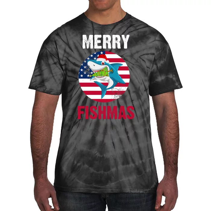 Merry Fishmas Shark America Christmas Tie-Dye T-Shirt